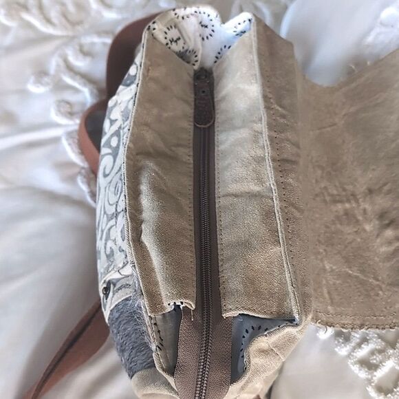 Myra Calf Hair/Canvas Distressed Crossbody Messenger Bag - Picture 10 of 16